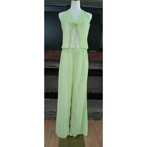 Women's LARGE 2-Piece Halter Top Loose Wide Leg Pants Textured Fabric Pleated